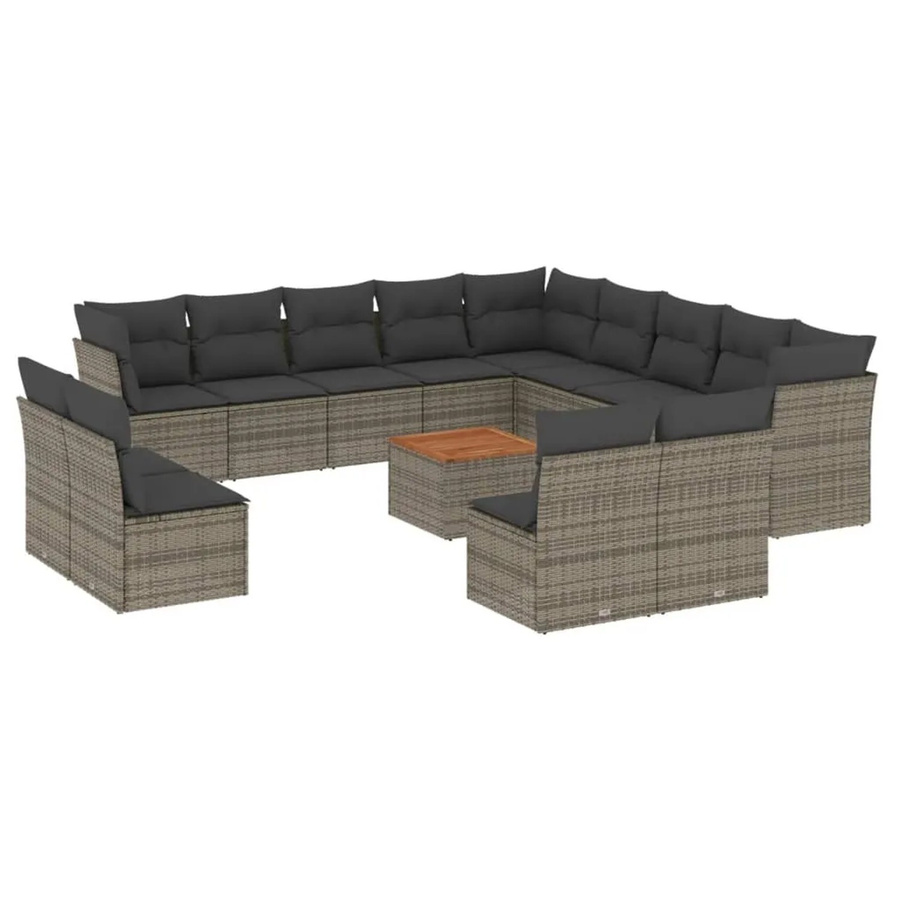 vidaXL 14-tlg Garten-Sofagarnitur aus Poly Rattan und Akazienholz in Grau mit Kissen Modell 13 - Bild 2