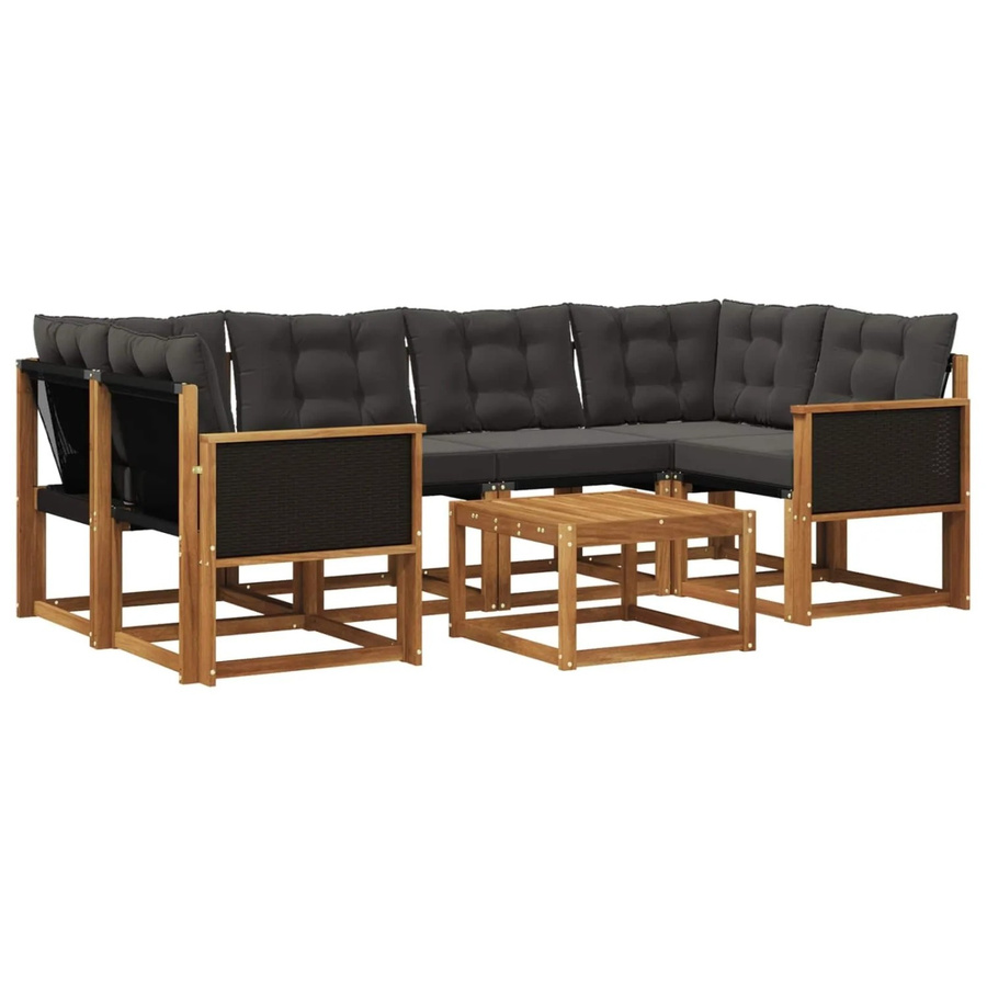 vidaXL Outdoor-Sofagarnitur L-Form aus Akazienholz mit Textilene und Kissen, Schwarz und Natur - Bild 2