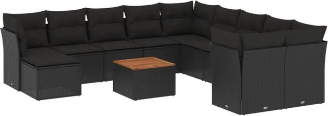 vidaXL 12-tlg Garten-Sofagarnitur in U-Form aus schwarzem PE-Rattan mit Kissen und Akazienholz - Bild 1