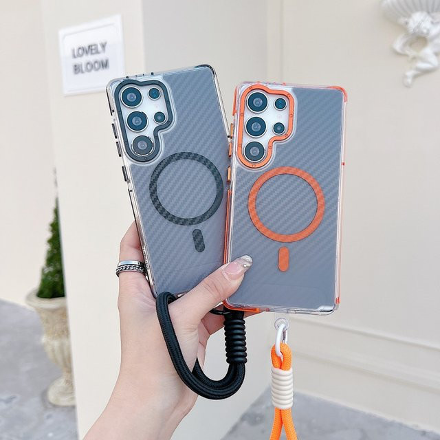 Magnetische Schutzhülle im Carbon-Faser-Design für Samsung S26 Ultra, S25 und S24 Plus in Orange mit Anti-Slip-Rand und Anti-Drop-Funktion - Bild 1