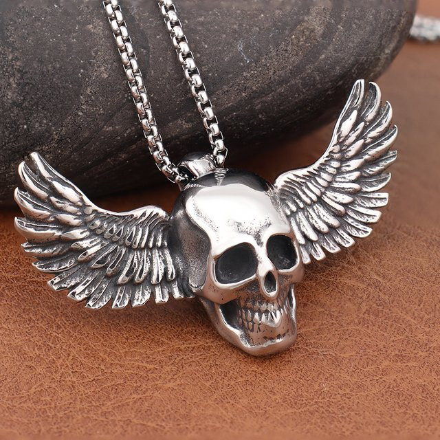 Anhänger Halskette Fallen Angel Skull, Edelstahl, Silber, Herren - Bild 1