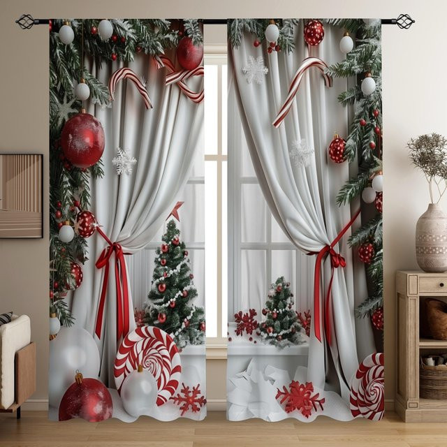 2er-Set Weihnachts- und Grünkiefer-Druckvorhänge aus Polyester, halbtransparent, Mehrfarbig, B: 50 cm, H: 130 cm - Bild 1