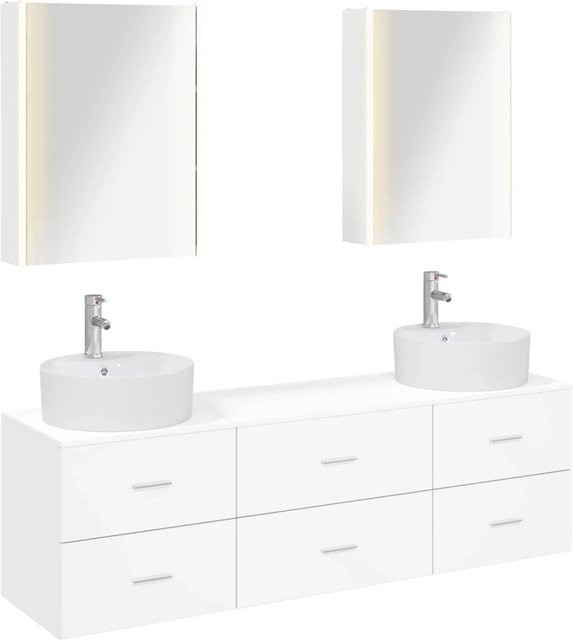 vidaXL Badezimmermöbel-Set 5-teilig in Weiß, modern mit LED-Beleuchtung aus Holz und Glas - Bild 1