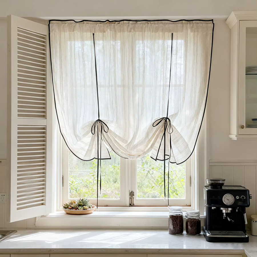 Tiyana Halbroman Vorhang im französischen Landhausstil mit schwarzem Kordelzug, transparentes Textil für Küche und Wohnzimmer, Weiß - Bild 2