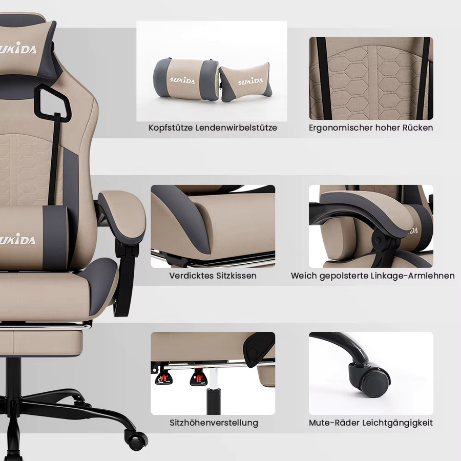 SUKIDA Ergonomischer Gaming-Stuhl mit Kopfstütze und Armlehnen, drehbar und verstellbar, Schwarz-Weiß-Beige Matt - Bild 3