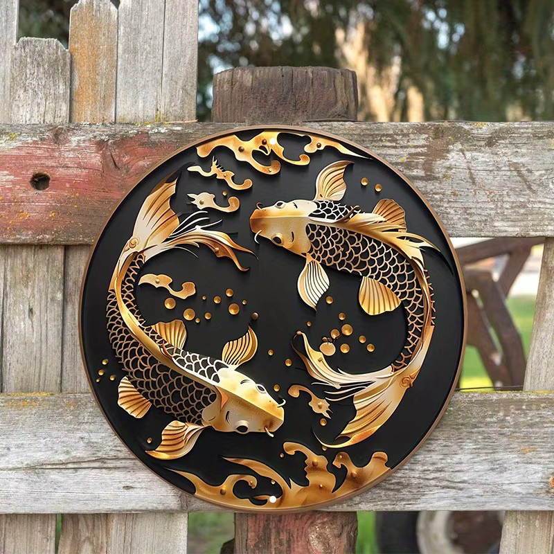 HELLOYOUNG Metallschild Fisch-Dekoration Gold, Rundes Wandposter mit Tier-Motiv, Durchmesser: 20 cm - Bild 4