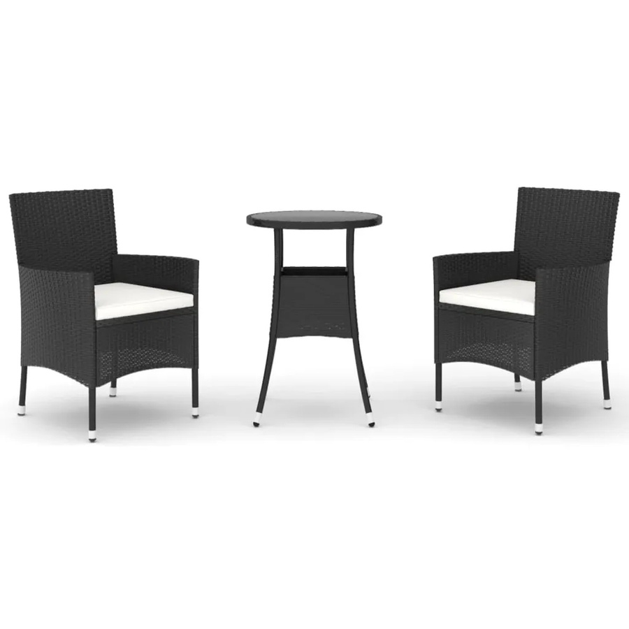 vidaXL 3-teiliges Garten-Bistro-Set aus Poly Rattan mit Kissen und Hartglas in Schwarz und Cremeweiß - Bild 2