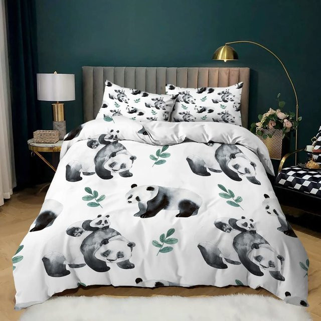 Binchi Outdoor Product Bettwäscheset Panda Cartoon Design für Kinder, 3-teiliges Set aus Bettbezug und Kissenbezügen aus Mikrofaser, Farbe Weiß, B/H: 155 x 215 cm - Bild 1