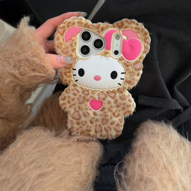 Flauschige Hello Kitty Handyhülle mit Leopardenmuster für Apple iPhone 17 16 15 14 13 Pro Max Plus in Multicolour - Bild 1