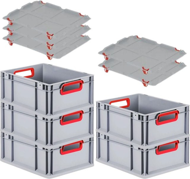 PROREGAL Spar Set 5x Eurobox Nextgen Color mit Auflagedeckel und Schiebeschnappverschlüssen, Farbe Rot, H x B x T: 17 x 30 x 40 cm - Bild 1