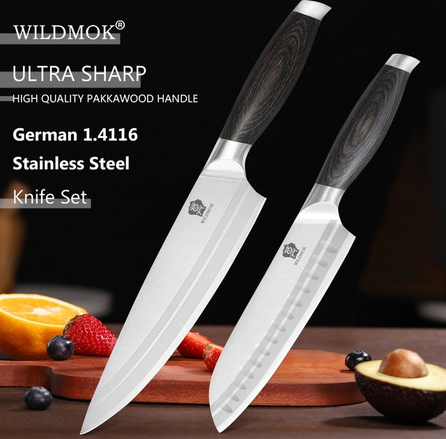 WILDMOK 2-teiliges Kochmesser-Set aus 1.4116 Hochkohlenstoff-Edelstahl mit Pakkaholz-Griff bestehend aus Kochmesser und Santoku-Messer - Bild 1
