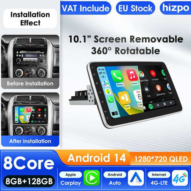 Hizpo Universal 1 Din Autoradio mit 360 Grad drehbarem Bildschirm, Android Auto, CarPlay, GPS, Bluetooth, WIFI und FM RDS in Schwarz - Bild 1