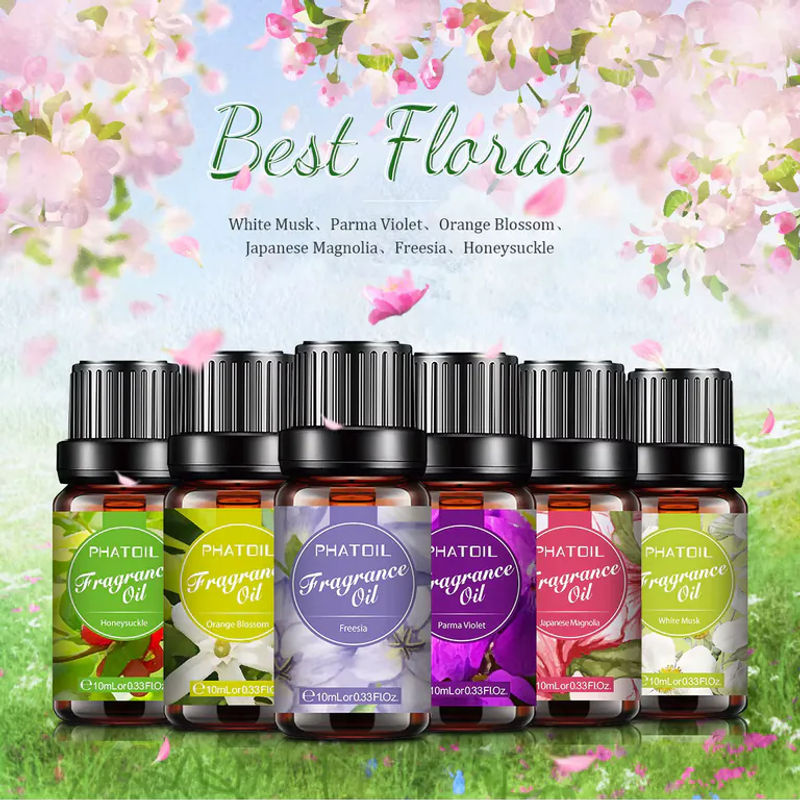 PHATOIL 6-teiliges Blumen-Duftöle-Set für Diffusor, 6 x 10 ml, Sortiment aus weißem Moschus, Orangenblüte, Geißblatt, Freesie, Parma und violetter Magnolie - Bild 2