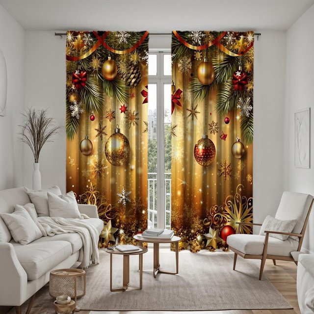 2-teiliges Set HD Digitaldruck Vorhänge mit Weihnachts-Motiv in Gelb und Braun, B: 132 cm, H: 160 cm - Bild 1