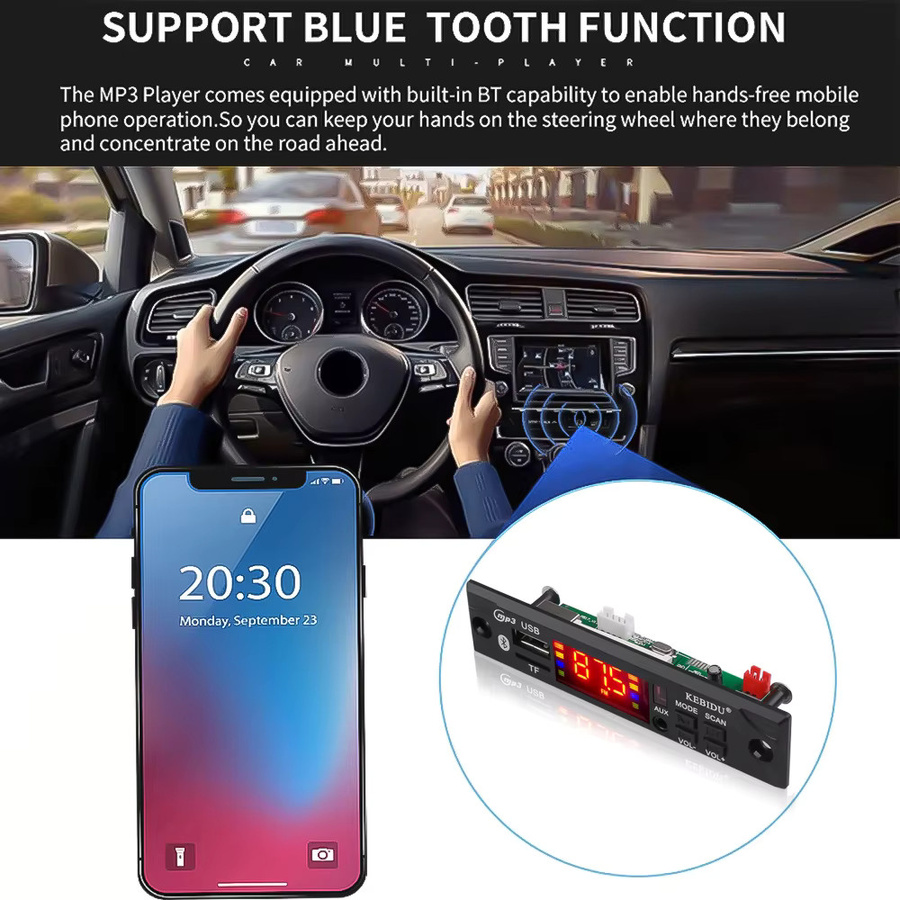Kebidu Bluetooth MP3 Decoder Board für Auto mit USB, TF und FM Radio, Schwarz - Bild 2