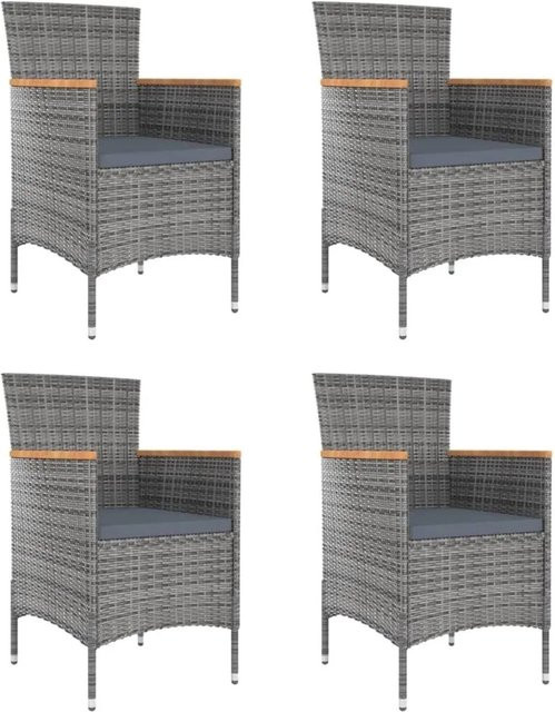 Furnicato Garten-Essstühle Set aus 4 Stück in Grau aus Poly Rattan und massivem Akazienholz mit Armlehnen und Polsterkissen - Bild 1