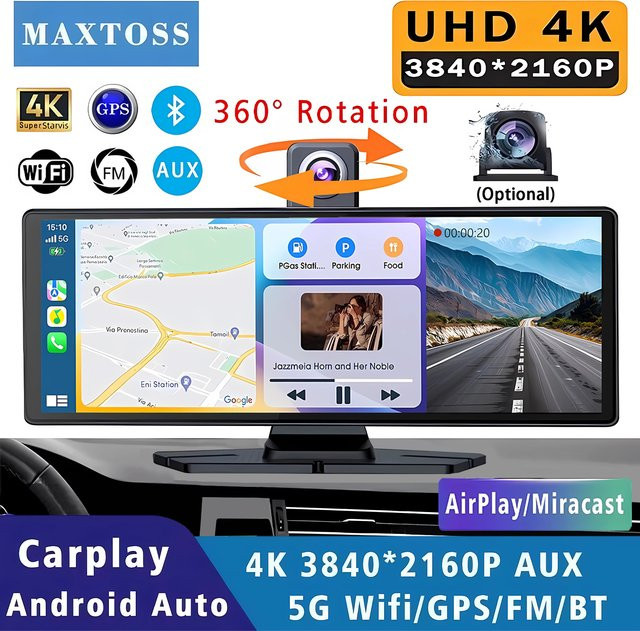 Maxtoss 4K 2160P Dashcam mit Carplay und Android Auto, 360 Grad rotierende Dual-Linsen-Dashcam in Schwarz mit GPS, 5G WLAN und Bluetooth - Bild 1