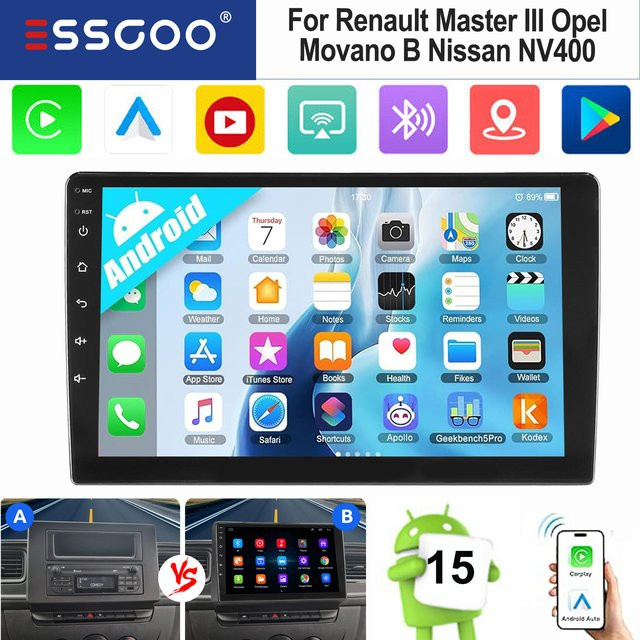 ESSGOO Android 15 Autoradio mit 10 Zoll IPS Touchscreen für Renault Master III, Opel Movano B und Nissan NV400 (2019-2023) mit Wireless Carplay, Android Auto, GPS, Bluetooth und WIFI in Schwarz - Bild 1