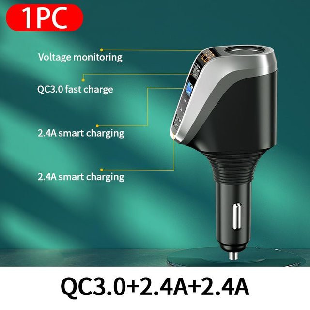 SEAMETAL Autoladegerät mit drei USB-Anschlüssen inklusive QC3.0 Schnellladung und USB-C, 66 W, Silber - Bild 1