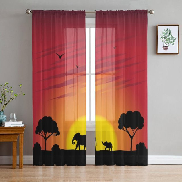 Transparente Tüll-Vorhänge von Super Six mit Elefanten- und Sonnenuntergang-Motiv in Braun, Breite: 135 cm, Höhe: 114 cm - Bild 1