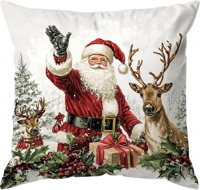 Dekokissen Kissenbezug mit Retro Weihnachtsmann und Rentier aus Polyester, B/B/H: 18 x 18 x 18 cm - Bild 1