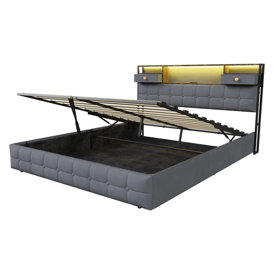 PXloue Polsterbett mit Stauraum und LED-Beleuchtung in Grau, B/T/H: 160 x 200 x 104 cm, Samt mit USB-Anschluss - Bild 2