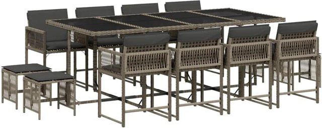 vidaXL 13-tlg Garten-Essgruppe aus Poly Rattan mit Kissen und Hartglas in Grau - Bild 1