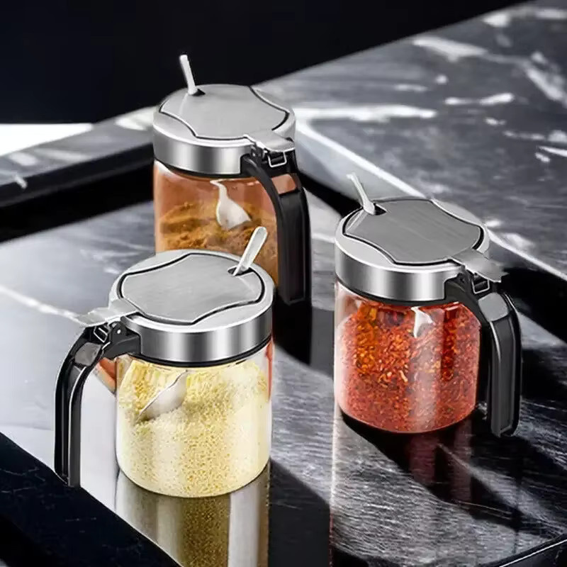 LIJIAO Gewürzglas aus Glas mit Löffel für Salz, Zucker oder Gewürze, 300 ml, transparent/grau - Bild 3