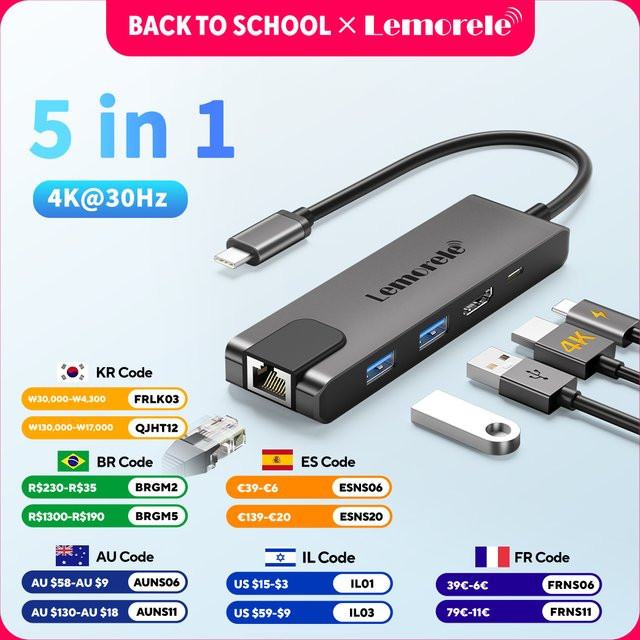 Lemorele 5 Port USB C Dockingstation mit HDMI 4K, Gigabit Ethernet RJ45 und USB A für PC und Laptop - Bild 1