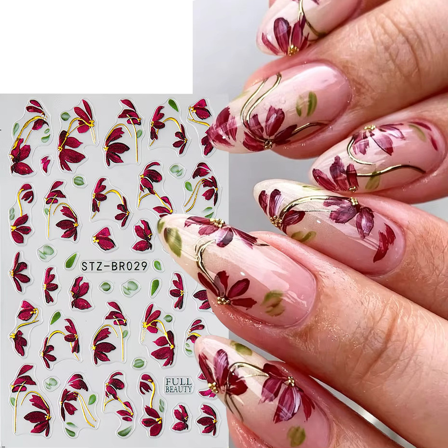 Full Beauty Nagelaufkleber, weinrot, Blumen-Design, 2 Stück - Bild 2