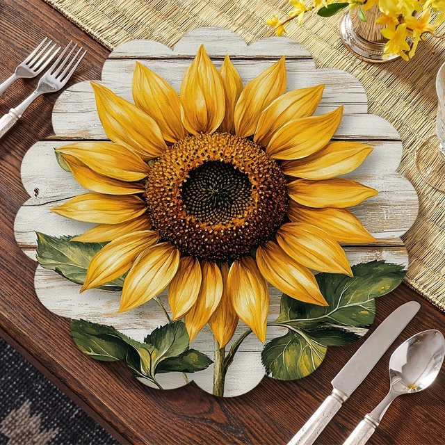 VIKAMA 4er Set runde Tischsets mit Sonnenblumen-Design in Gelb aus Vinyl im Landhausstil - Bild 1