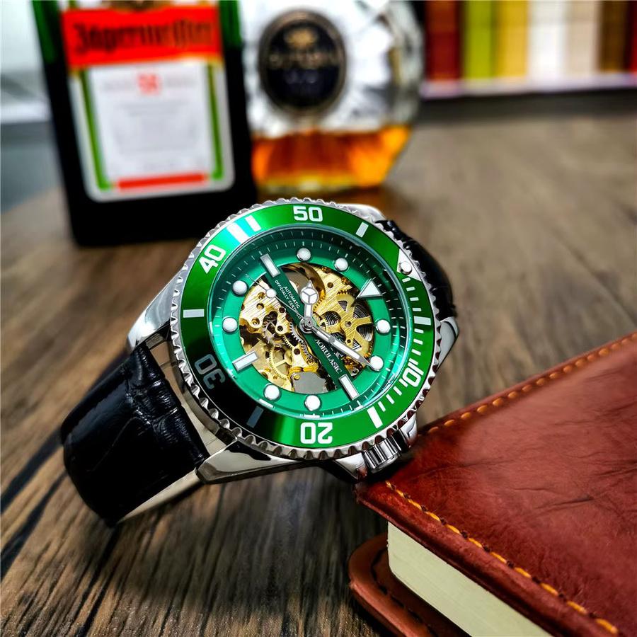 AOKULASIC Armbanduhr Automatik, Edelstahl, Leder, Grün, Herren - Bild 3