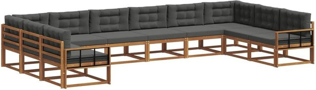 vidaXL Outdoor-Sofagarnitur aus massivem Akazienholz in L-Form, 10-teiliges Set in Natur und Anthrazit mit Kissen - Bild 1