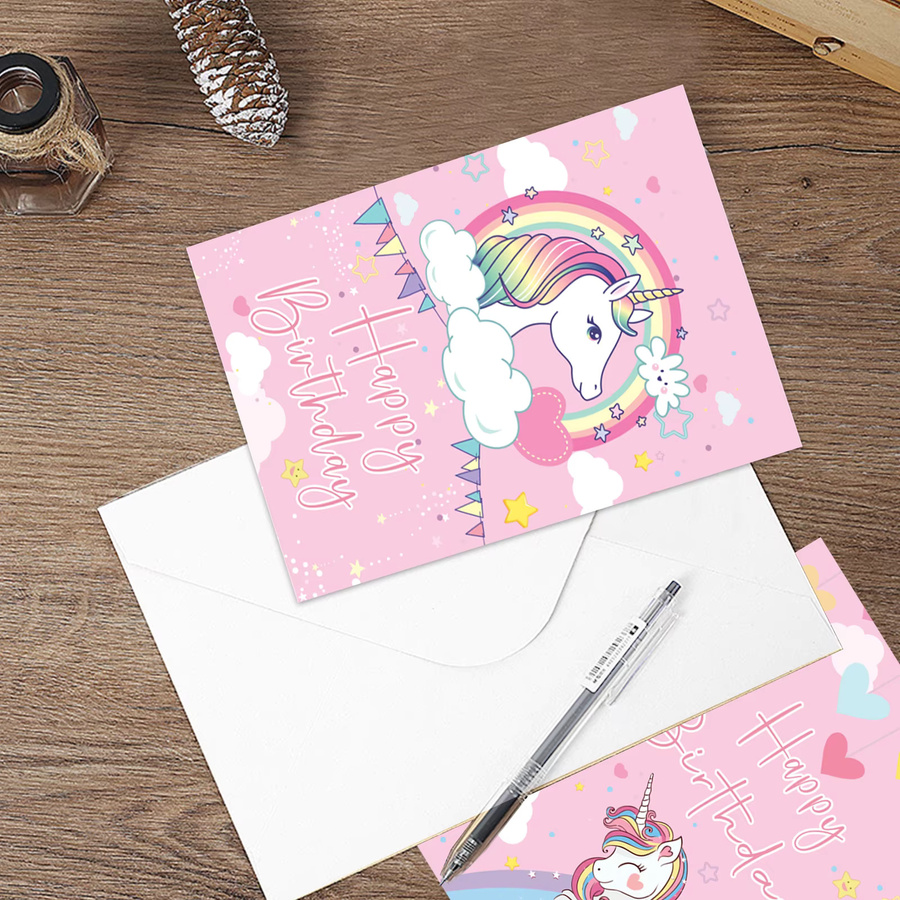 Rosa Einhorn Geburtstagskarten mit Regenbogen-Motiv und Umschlägen für Kinder, DIN A6 - Bild 2