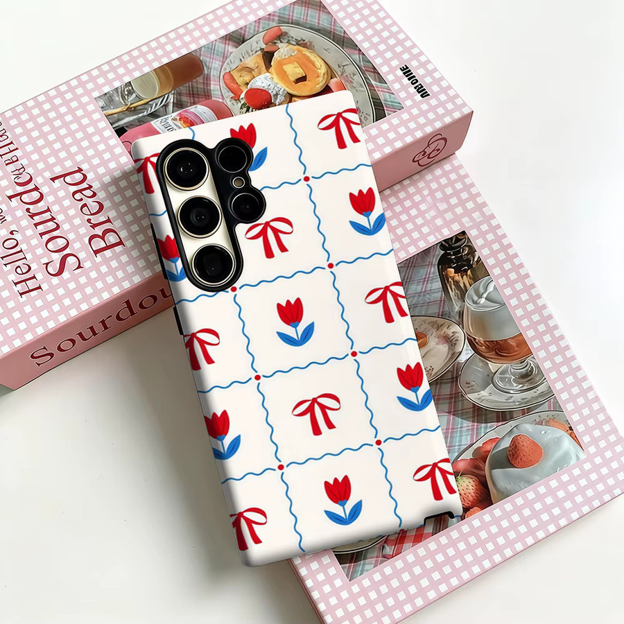 Stoßfeste Doppelschicht Handyhülle mit Rot-Blauer Schleife und Tulpen Patchwork für Samsung Galaxy S25 Ultra, S24 und S23 Ultra Plus - Bild 2