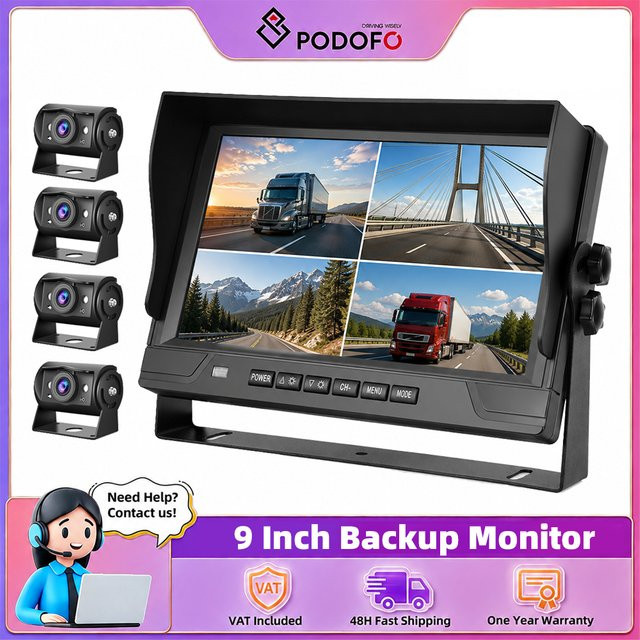 Podofo Rückfahrkamera-Set mit 9-Zoll-Bildschirm, 4 Full-HD 1080P Infrarot-Nachtsichtkameras und Videoaufnahmefunktion, Schwarz - Bild 1