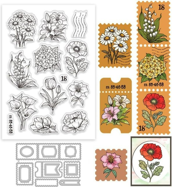 Transparentes Blumen-Stempel-Set mit Stanzformen für Kartenherstellung, Tulpen und Gänseblümchen aus Kunststoff - Bild 1