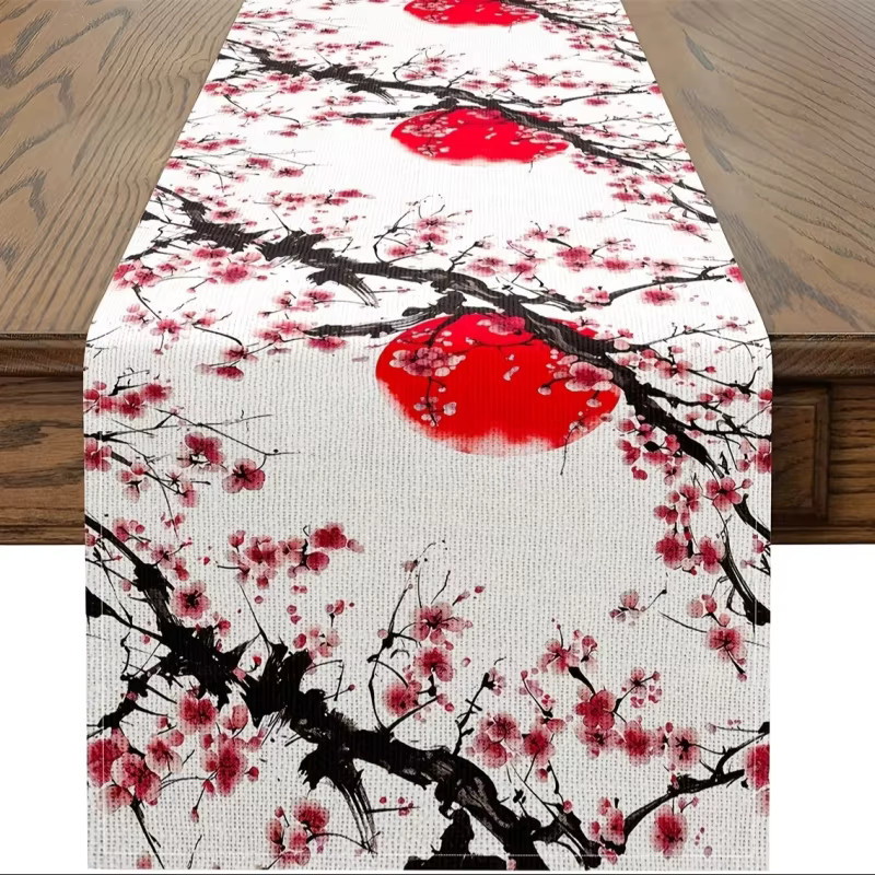 VIKAMA Japanischer Tischläufer mit Tuschemuster, Pflaumenblüten und roter Sonne, wasserabweisendes Polyester in Rot und Mehrfarbig, B/H: 90 x 33 cm - Bild 4