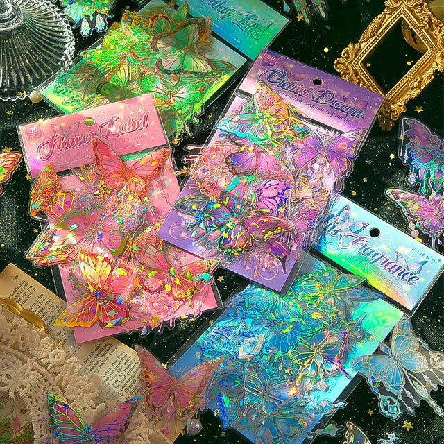 30 Blatt Retro Schmetterling Aufkleber in Gold und Multicolour für Scrapbooking und DIY Dekoration - Bild 1