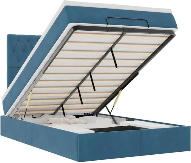 vidaXL Ottoman-Bett mit Matratze aus Samt in Dunkelblau mit LED-Unterbettbeleuchtung und USB-Ladeport, B/T: 120 x 190 cm - Bild 1