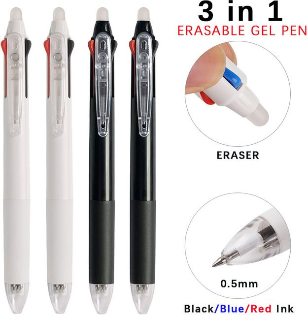 MROOFUL 3-in-1 löschbares Gelstift-Set mit 0,5 mm Mine in Schwarz, Blau und Rot inklusive Nachfüllungen und waschbarem Griff - Bild 1