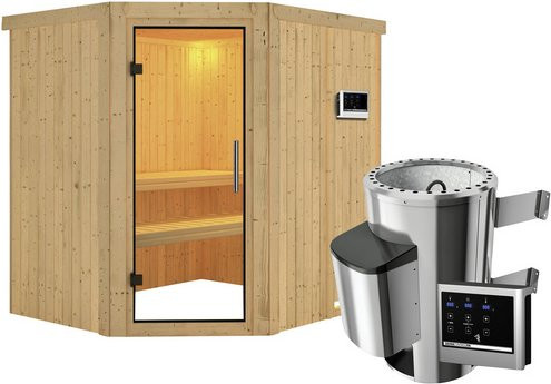 Karibu Sauna Talsen aus Fichtenholz in Beige inklusive 3.6 kW Saunaofen mit externer Steuerung für 3 Personen B: 198 cm, T: 170 cm, H: 196 cm - Bild 1