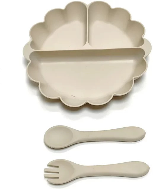 3-teiliges Silikon-Teller-Set für Kinder in Gelb und Beige mit Adsorptionsfunktion für sicheren Halt am Tisch - Bild 1