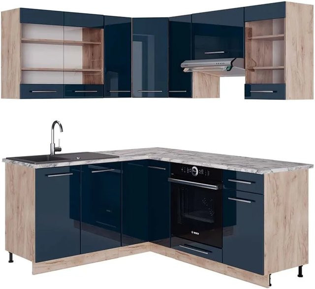 Vicco Eckküche Fame-Line Eiche Dunkelblau Hochglanz mit weißer Marmor-Arbeitsplatte B/T/H: 160 x 190 x 82 cm - Bild 2