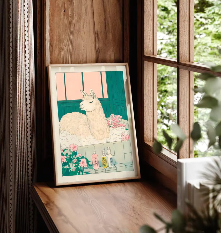 Ukiyo-e Llama Bathtime Wanddekor SHENCHEN - Japanischer Holzschnitt-Stil Poster mit Lama in rosa Schaumbad, Mehrfarbig - Bild 2