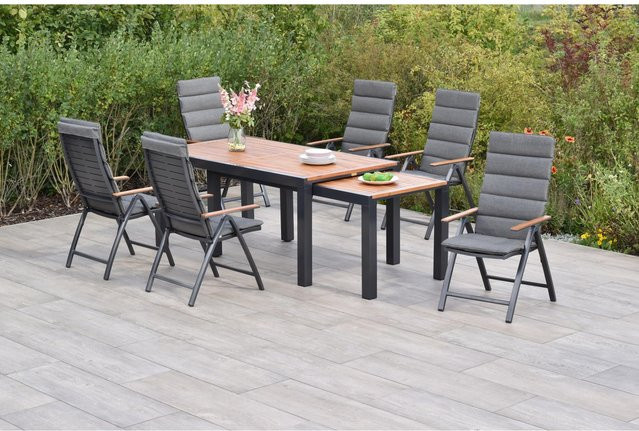 Merxx Tinos Gartenmöbel Set 13-teilig mit ausziehbarem Flex-Gartentisch und 6 Klappsesseln inklusive Auflagen in Grau - Bild 1