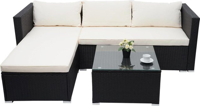 MCW Poly-Rattan Garten-Lounge-Set F57, 3-teilige Sitzgruppe in Schwarz mit beigen Sitz- und Rückenpolstern - Bild 1
