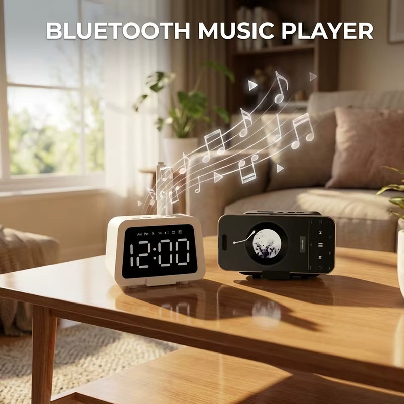 Niditon Digitaler Wecker mit Bluetooth-Lautsprecher und LED-Anzeige, wiederaufladbarer Akku, Schwarz oder Weiß - Bild 2
