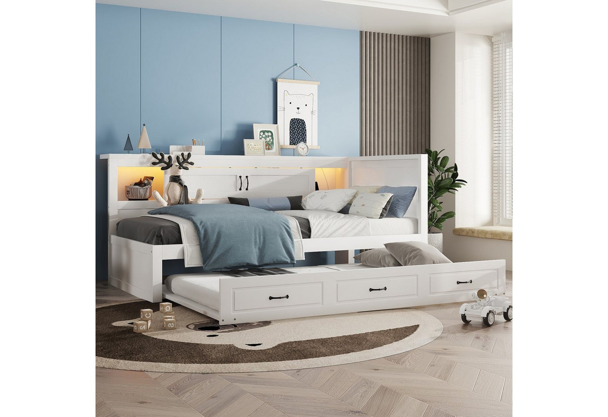 Merax Daybett mit Ausziehbett, Schlafsofa und Tagesbett inklusive LED-Beleuchtung, USB, Staufach und Steckdosen, B/T/H: 90 x 200 cm mit Ausziehbett 90 x 190 cm - Bild 1