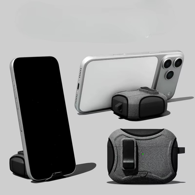 Stoßfeste Schutzhülle für Apple AirPods 4 3 2 Pro mit Telefonständer und Haken in Grau - Bild 2